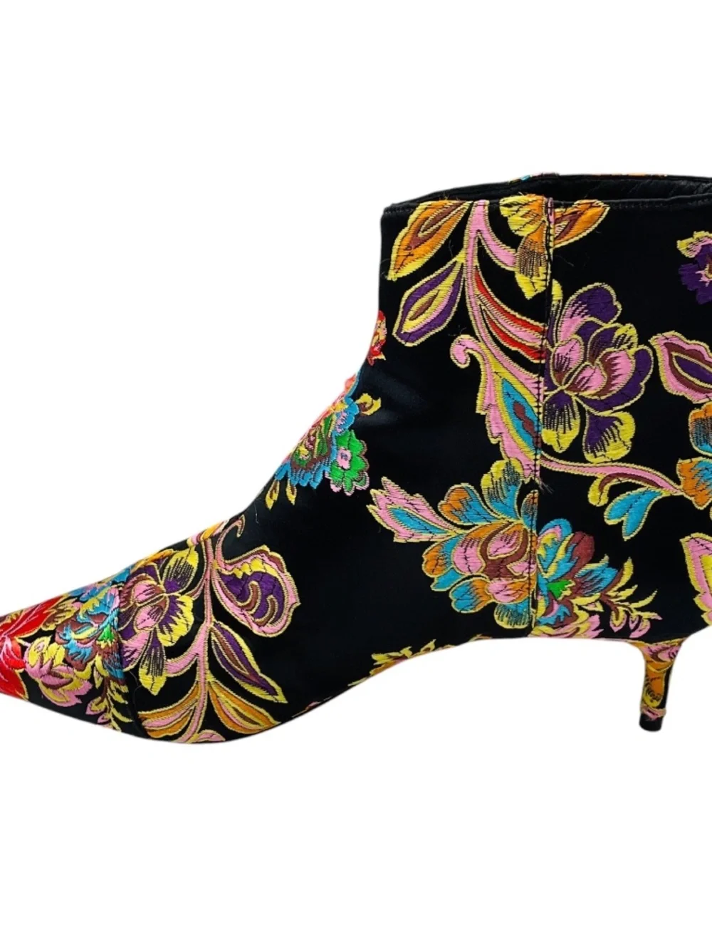 ALEXANDRE BIRMAN BLACK MULTI FLORAL JACQUARD SATIN ANKLE BOOTS